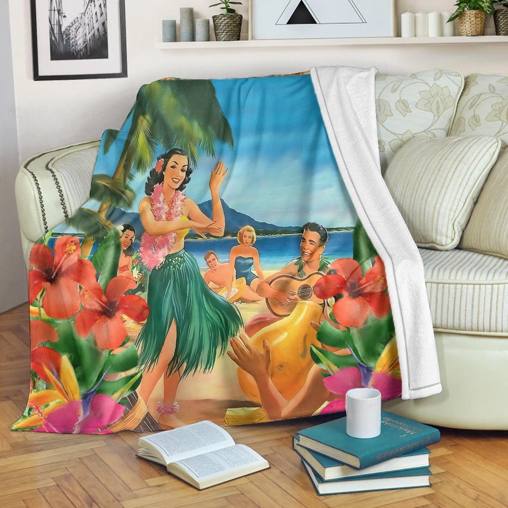 Hawaiian Hula Sing Dance On Beach Premium Blankets - AH White - Polynesian Pride