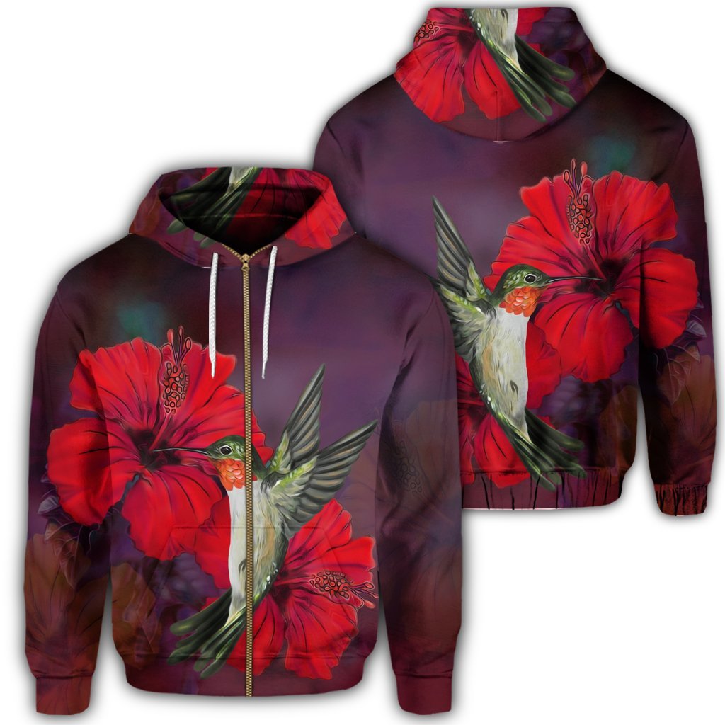 Hawaiian Hummingbird and Hibiscus Polynesian Zip Hoodie Unisex Art - Polynesian Pride
