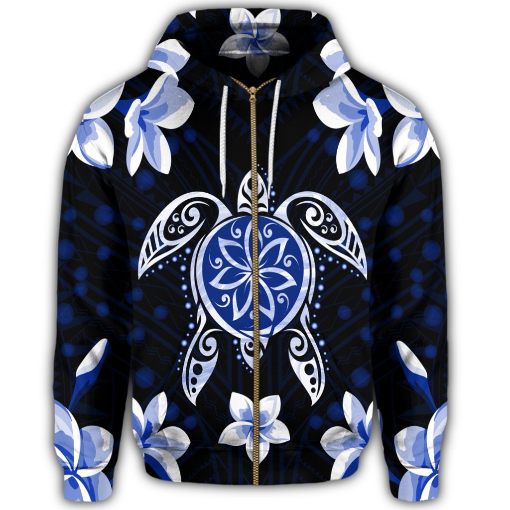 Hawaiian Icon Blue Turtle Plumeria Zip Hoodie - Polynesian Pride