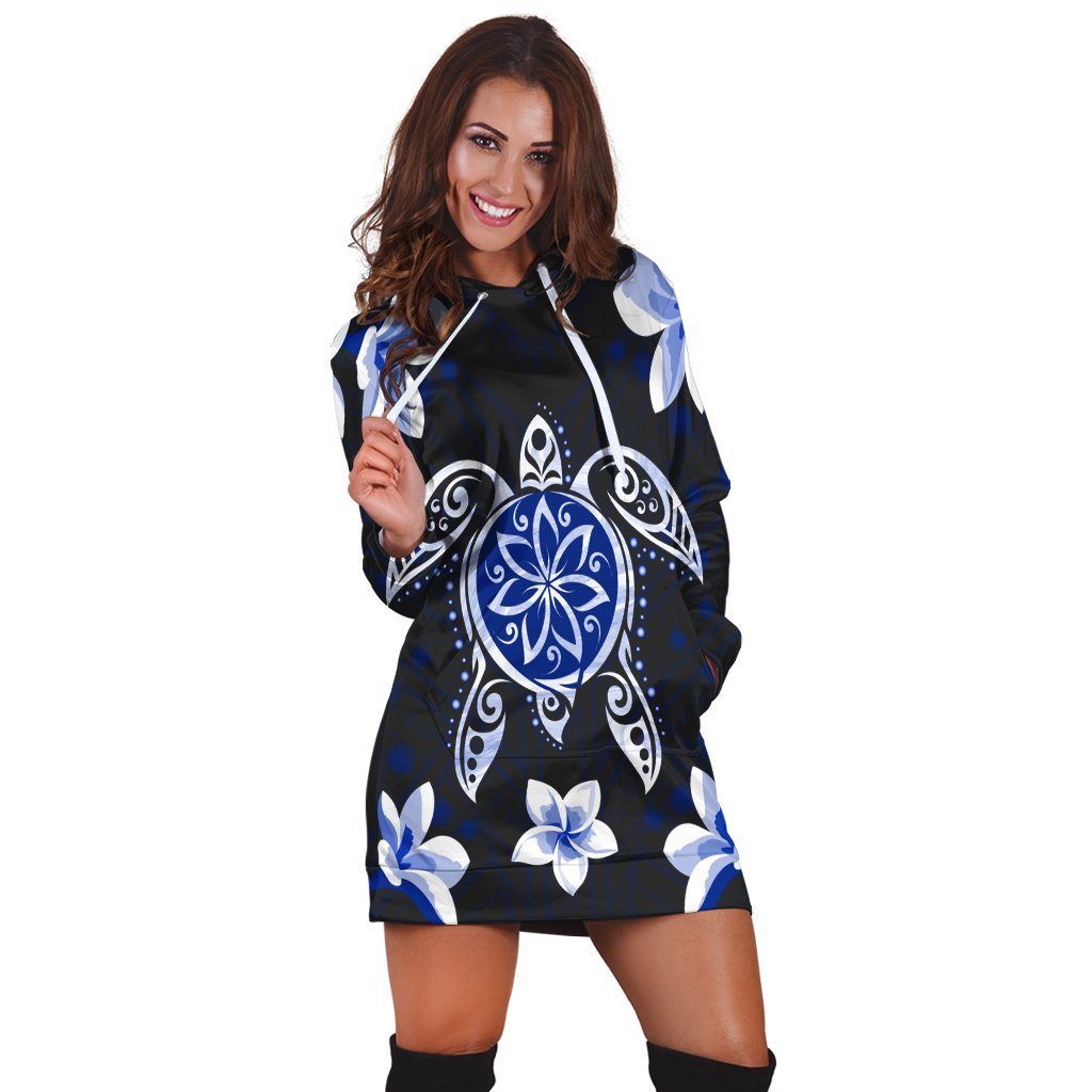 Hawaiian Icon Blue Turtle Plumeria Hoodie Dress AH - Polynesian Pride