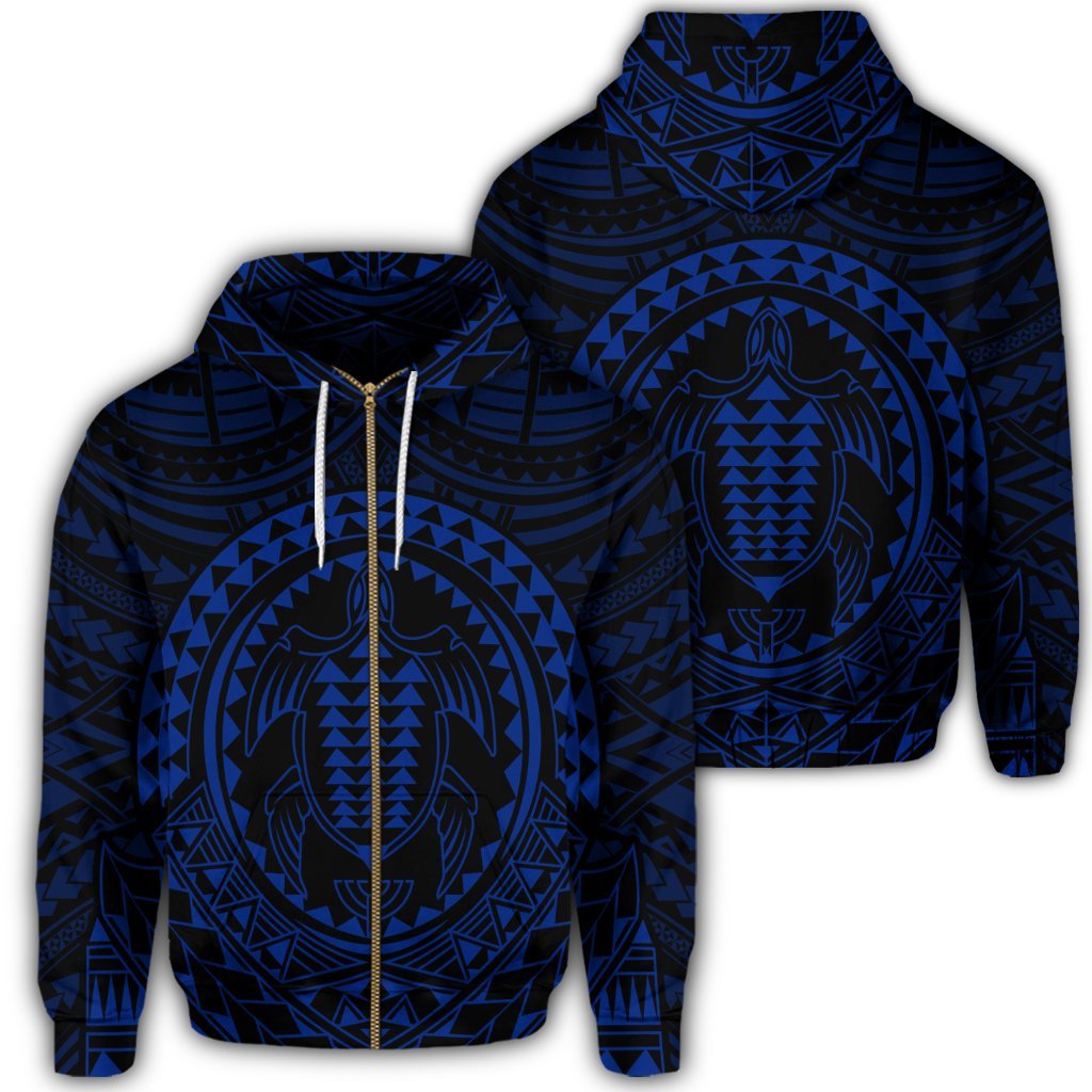 Hawaiian Kakau Honu Arc Polynesian Blue Zip Hoodie Unisex Art - Polynesian Pride