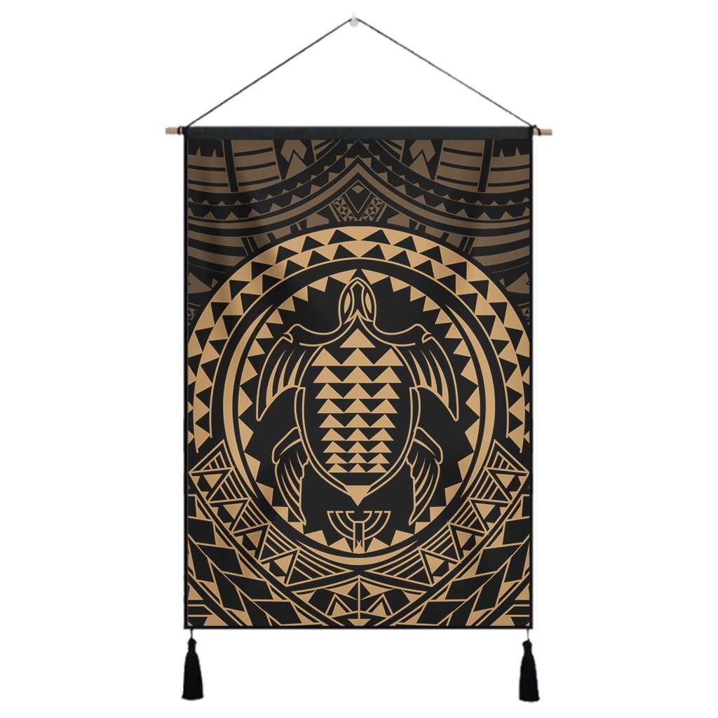 Hawaiian Kakau Honu Arc Polynesian Gold Hanging Poster - AH Hanging Poster Cotton And Linen - Polynesian Pride