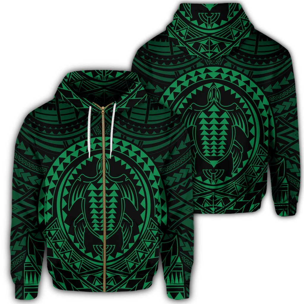 Hawaiian Kakau Honu Arc Polynesian Green Zip Hoodie Unisex Art - Polynesian Pride