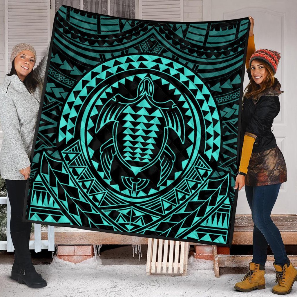 Hawaiian Kakau Honu Arc Polynesian Turquoise Premium Quilts - AH - Polynesian Pride