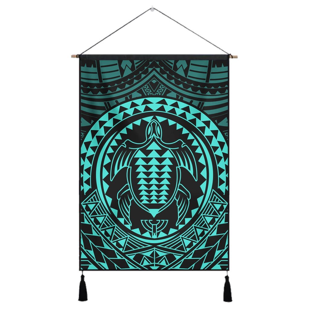 Hawaiian Kakau Honu Arc Polynesian Turquoise Hanging Poster - AH Hanging Poster Cotton And Linen - Polynesian Pride