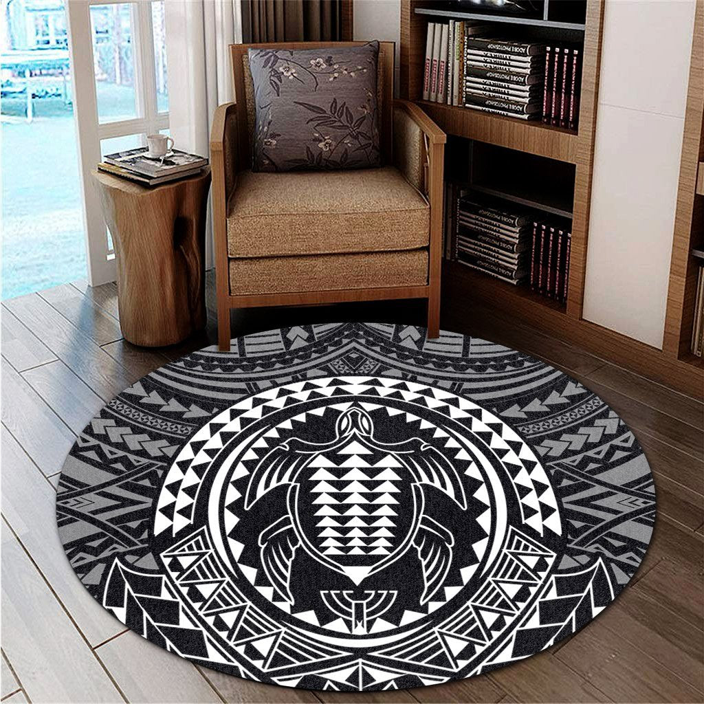 Hawaiian Kakau Honu Arc Polynesian White Round Carpet - AH - Polynesian Pride