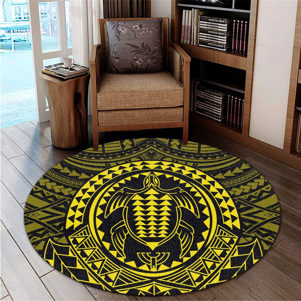 Hawaiian Kakau Honu Arc Polynesian Yellow Round Carpet - AH - Polynesian Pride