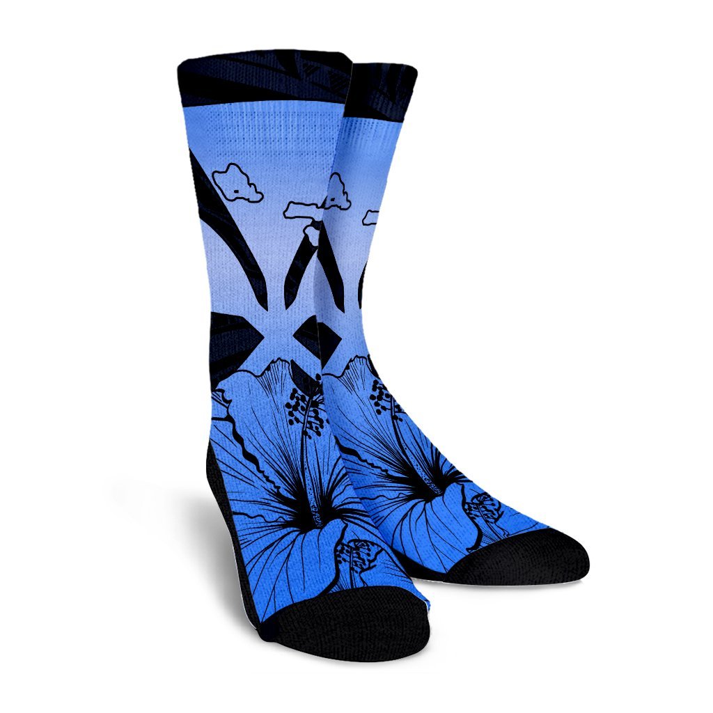 Hawaiian Kanaka Crew Socks Hibiscus Polynesian Love - Blue - AH - Polynesian Pride
