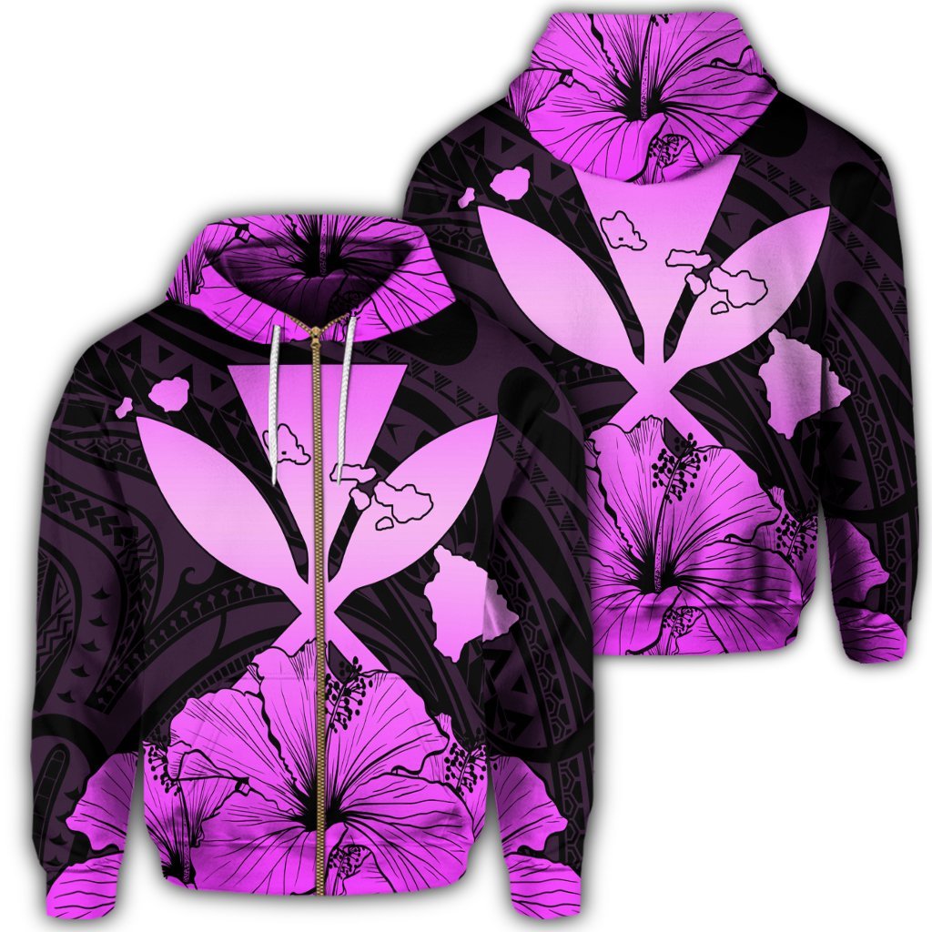 Hawaiian Kanaka Zip Hoodie Hibiscus Polynesian Love Pink Unisex Art - Polynesian Pride