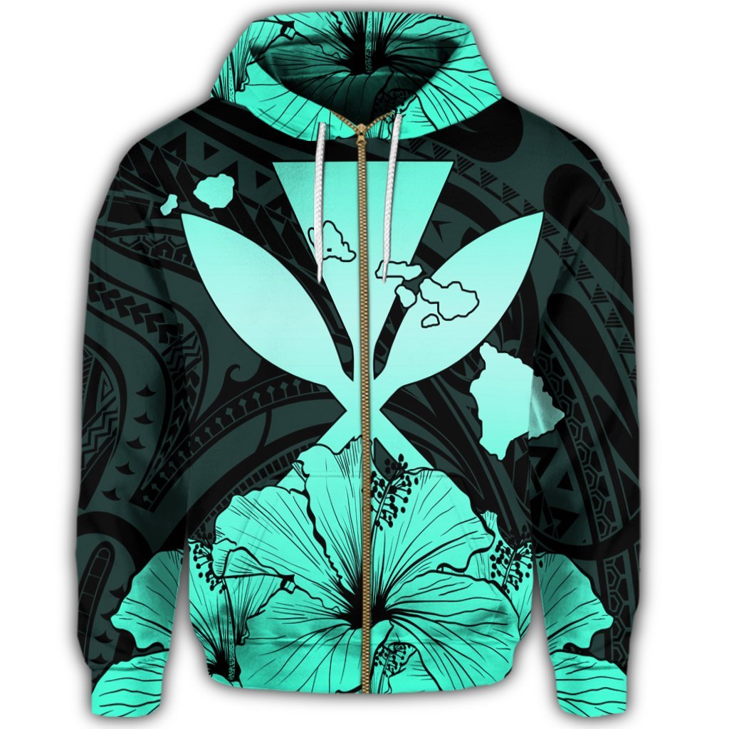 Hawaiian Kanaka Zip Hoodie Hibiscus Polynesian Love Turquoise - Polynesian Pride
