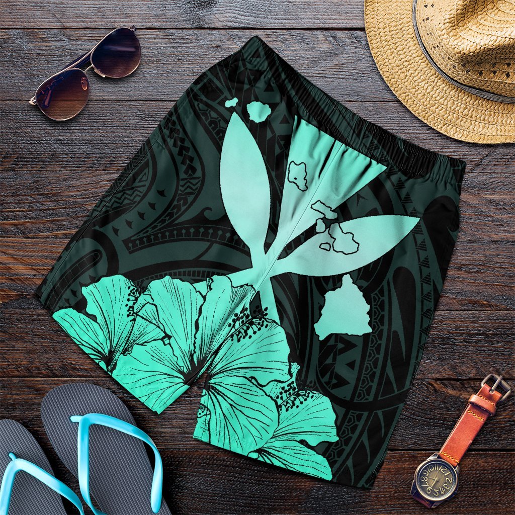Hawaiian Kanaka Men's Shorts Hibiscus Polynesian Love - Turquoise - AH Art - Polynesian Pride