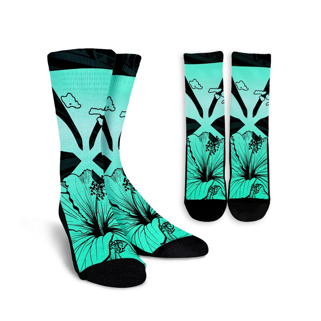 Hawaiian Kanaka Crew Socks Hibiscus Polynesian Love - Turquoise - AH Crew Socks White - Polynesian Pride