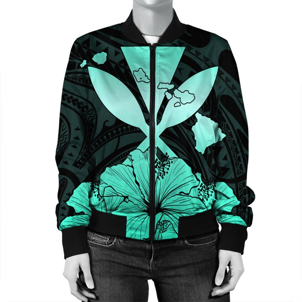 Hawaiian Kanaka Bomber Jacket Hibiscus Polynesian Love - Turquoise - AH - Polynesian Pride