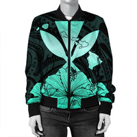 Hawaiian Kanaka Bomber Jacket Hibiscus Polynesian Love - Turquoise - AH - Polynesian Pride