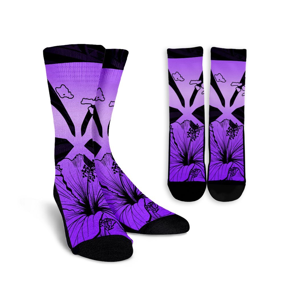 Hawaiian Kanaka Crew Socks Hibiscus Polynesian Love - Violet - AH Crew Socks White - Polynesian Pride