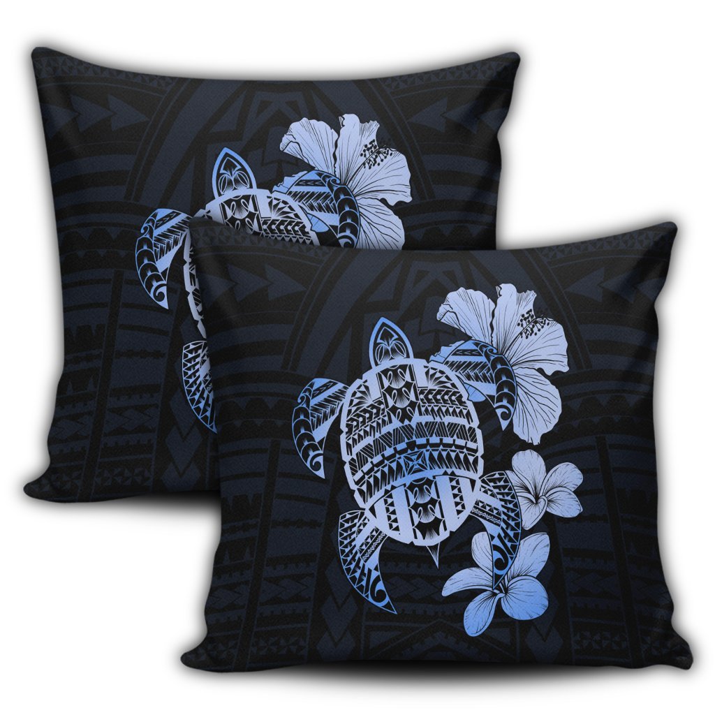 Hawaiian Kanaka Hibiscus Plumeria Mix Polynesian Turtle Pillow Covers - Blue - AH - Polynesian Pride