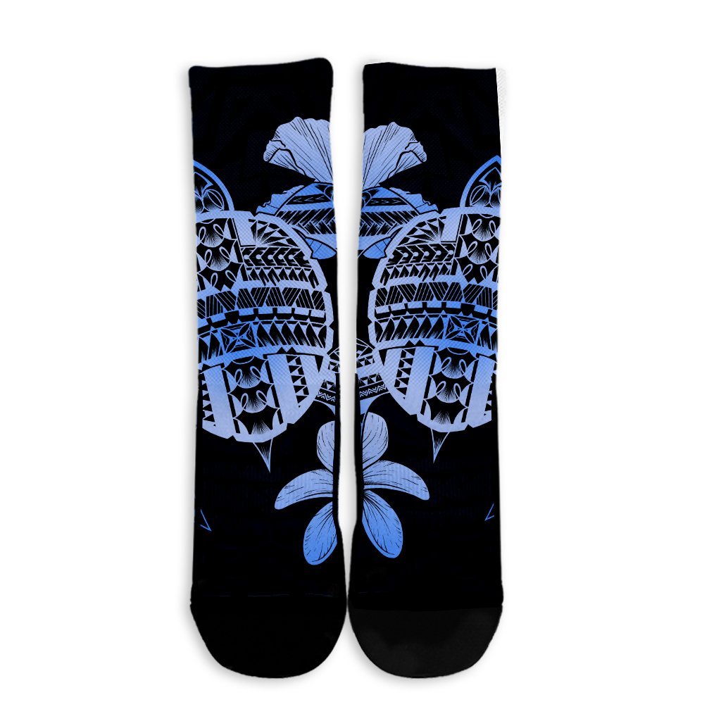 Hawaiian Kanaka Hibiscus Plumeria Mix Polynesian Turtle Crew Socks - Blue - AH - Polynesian Pride