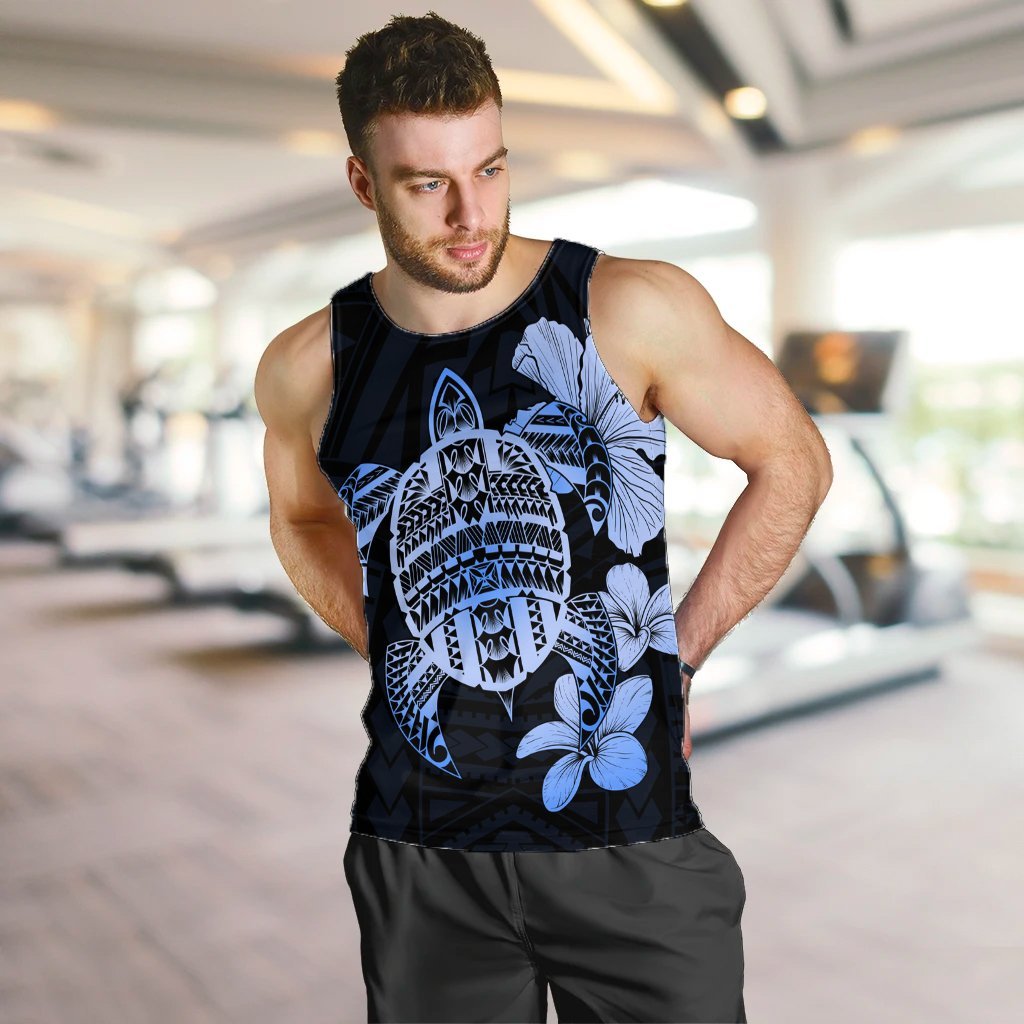 Hawaiian Kanaka Hibiscus Plumeria Mix Polynesian Turtle Tank Top - Blue - AH - Polynesian Pride