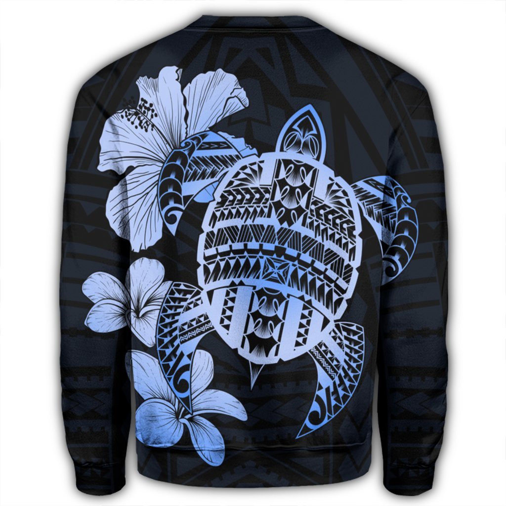 Hawaiian Kanaka Hibiscus Plumeria Mix Polynesian Turtle Sweatshirt - Blue - AH - Polynesian Pride