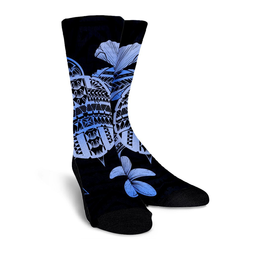 Hawaiian Kanaka Hibiscus Plumeria Mix Polynesian Turtle Crew Socks - Blue - AH - Polynesian Pride