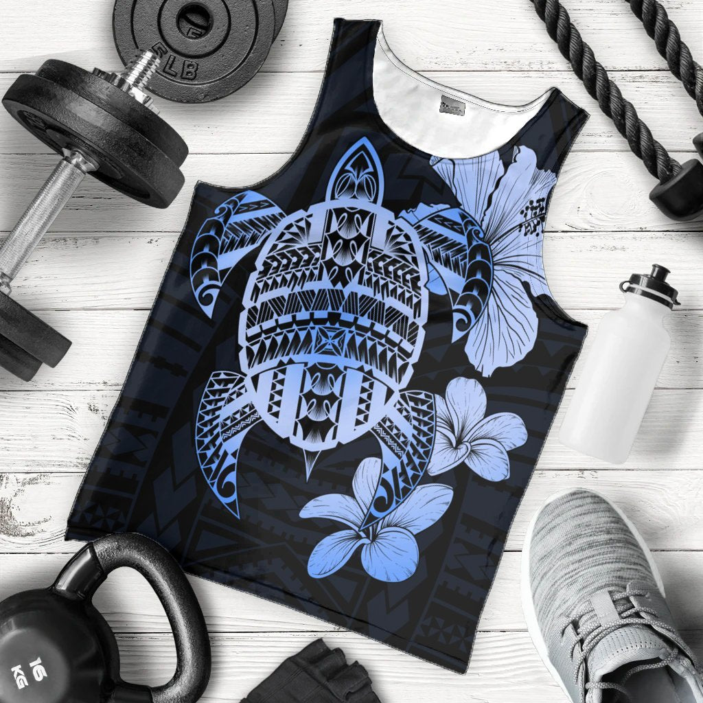 Hawaiian Kanaka Hibiscus Plumeria Mix Polynesian Turtle Tank Top - Blue - AH - Polynesian Pride