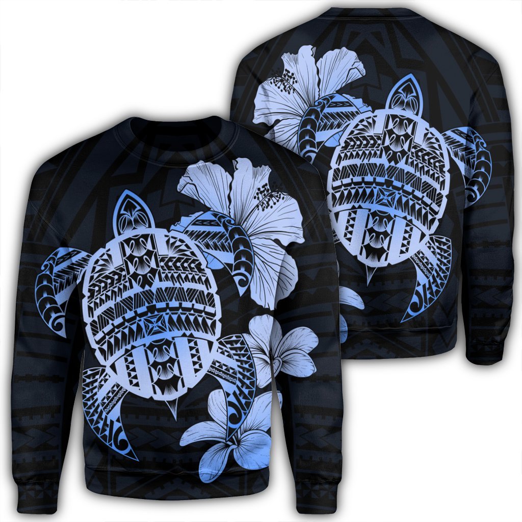 Hawaiian Kanaka Hibiscus Plumeria Mix Polynesian Turtle Sweatshirt - Blue - AH Unisex Black - Polynesian Pride