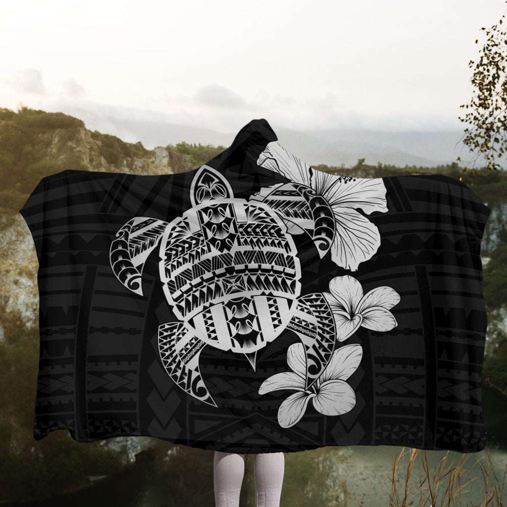 Hawaiian Kanaka Hibiscus Plumeria Mix Polynesian Turtle Hooded Blanket - Gray - AH - Polynesian Pride