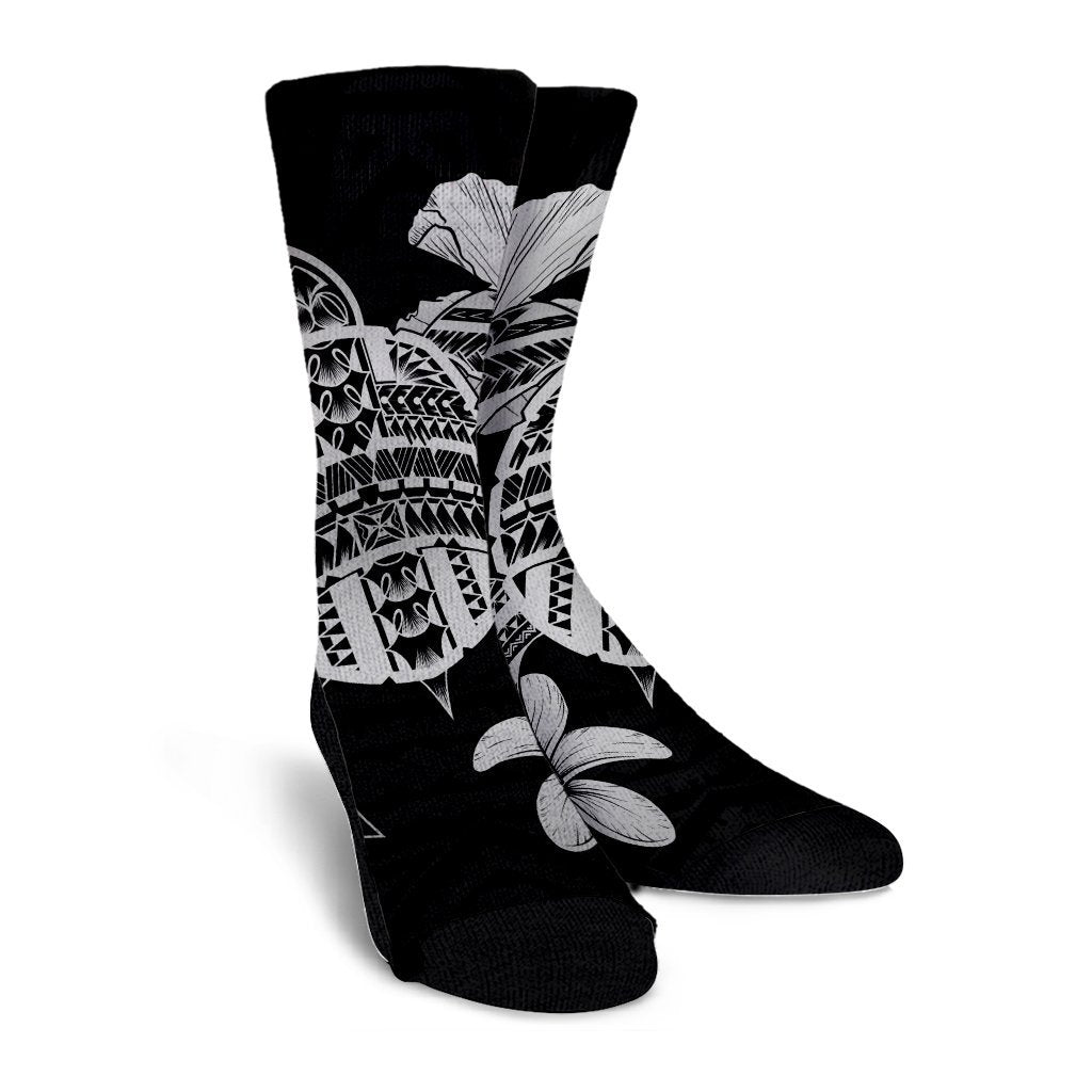Hawaiian Kanaka Hibiscus Plumeria Mix Polynesian Turtle Crew Socks - Gray - AH - Polynesian Pride