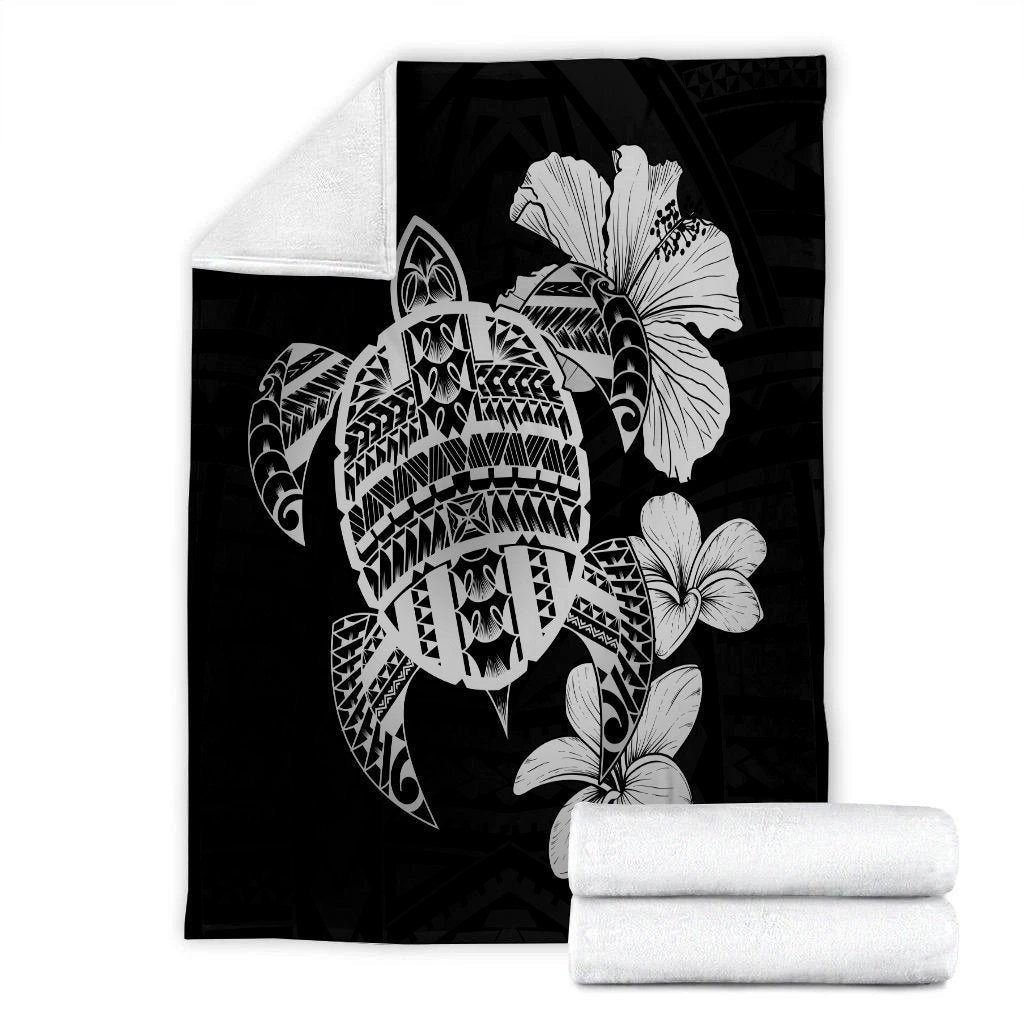 Hawaiian Kanaka Hibiscus Plumeria Mix Polynesian Turtle Premium Blankets - Gray - AH - Polynesian Pride