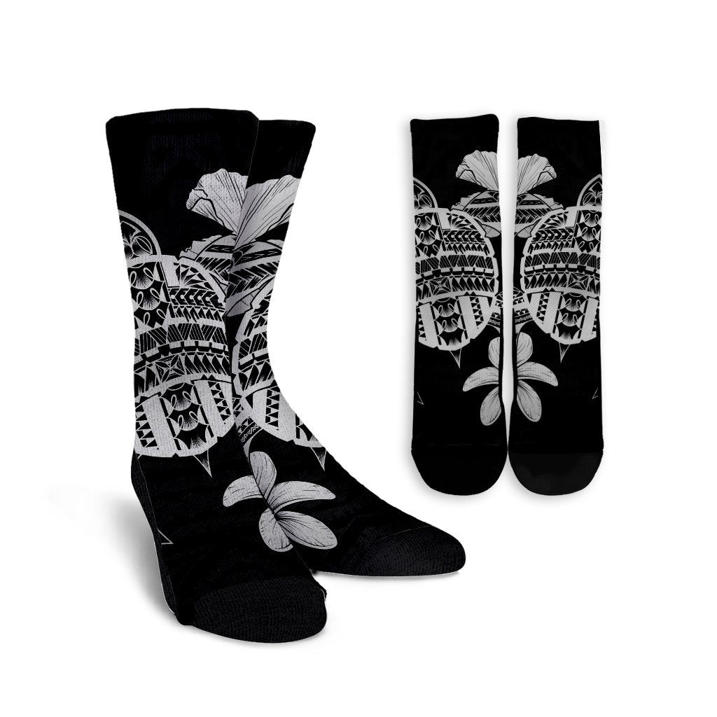 Hawaiian Kanaka Hibiscus Plumeria Mix Polynesian Turtle Crew Socks - Gray - AH Crew Socks White - Polynesian Pride