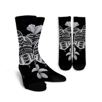 Hawaiian Kanaka Hibiscus Plumeria Mix Polynesian Turtle Crew Socks - Gray - AH Crew Socks White - Polynesian Pride