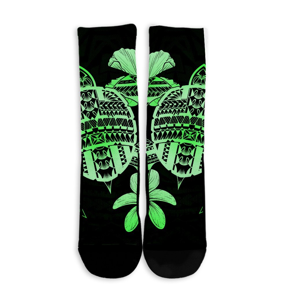 Hawaiian Kanaka Hibiscus Plumeria Mix Polynesian Turtle Crew Socks - Green - AH - Polynesian Pride