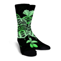 Hawaiian Kanaka Hibiscus Plumeria Mix Polynesian Turtle Crew Socks - Green - AH - Polynesian Pride
