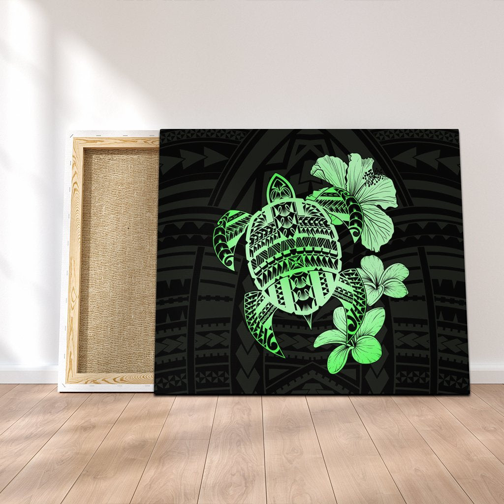 Hawaiian Kanaka Hibiscus Plumeria Mix Polynesian Turtle Canvas - Green - AH Canvas Poly-cotton - Polynesian Pride