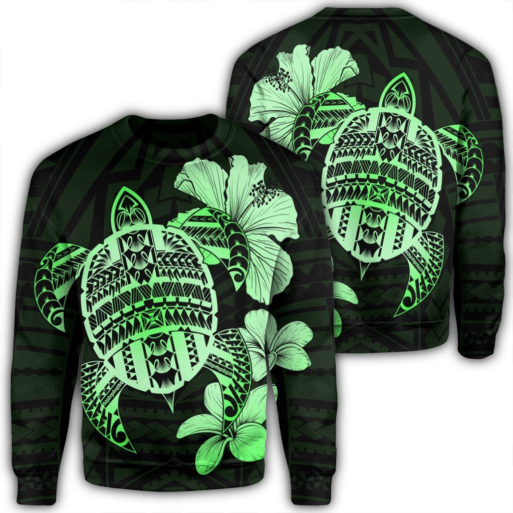 Hawaiian Kanaka Hibiscus Plumeria Mix Polynesian Turtle Sweatshirt - Green - AH Unisex Black - Polynesian Pride