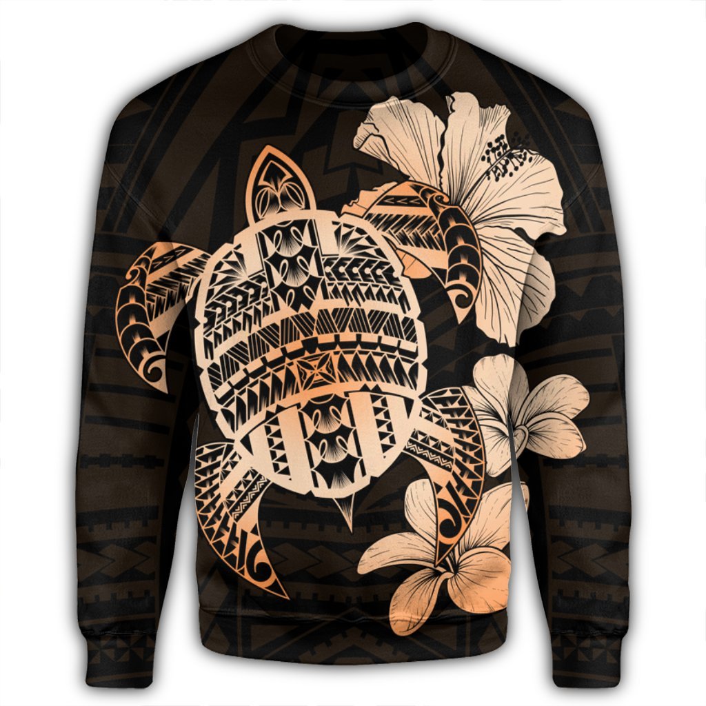 Hawaiian Kanaka Hibiscus Plumeria Mix Polynesian Turtle Sweatshirt - Orange - AH - Polynesian Pride