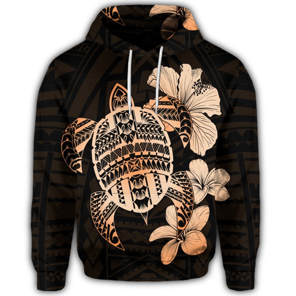 Hawaiian Kanaka Hibiscus Plumeria Mix Polynesian Turtle Hoodie Orange - Polynesian Pride