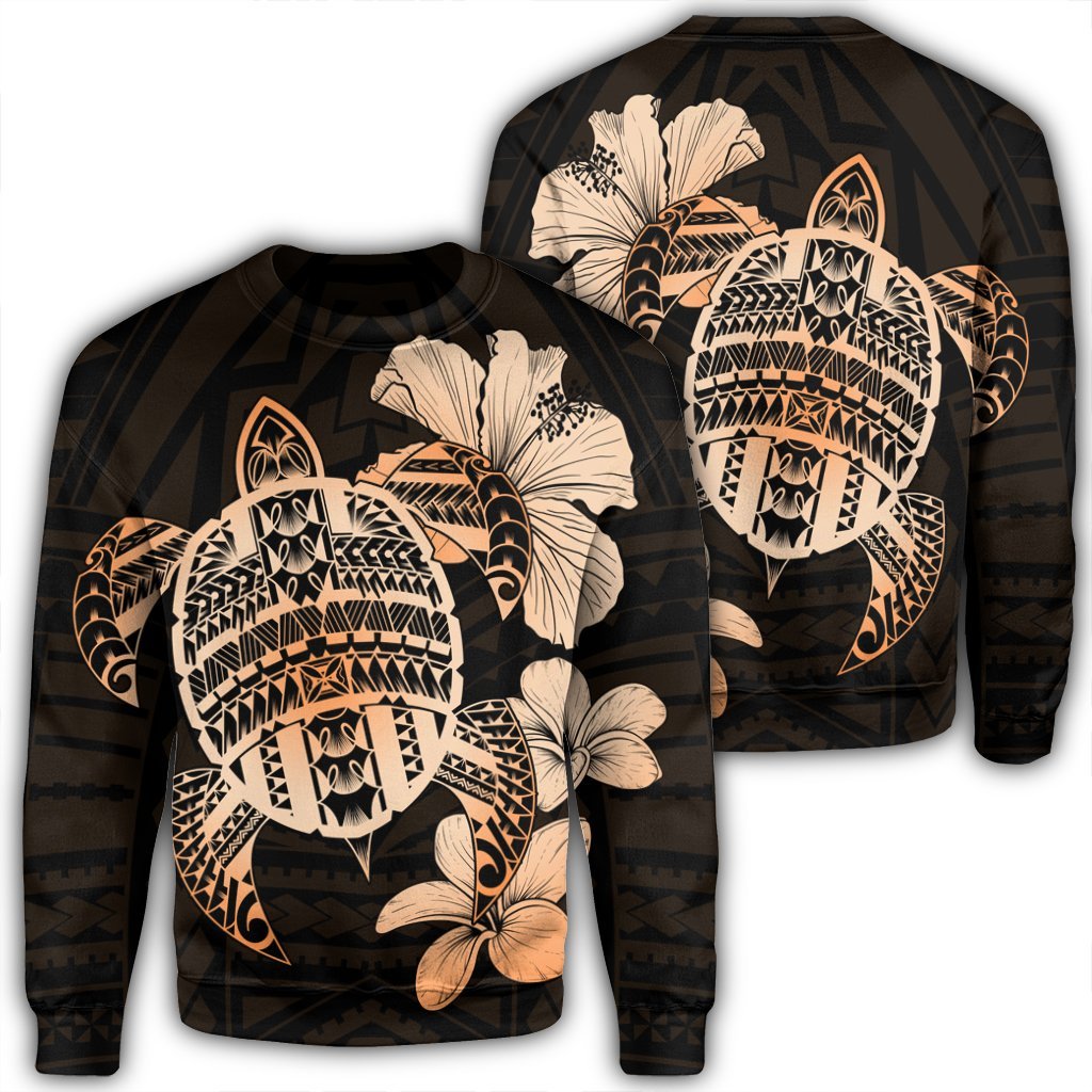 Hawaiian Kanaka Hibiscus Plumeria Mix Polynesian Turtle Sweatshirt - Orange - AH Unisex Black - Polynesian Pride