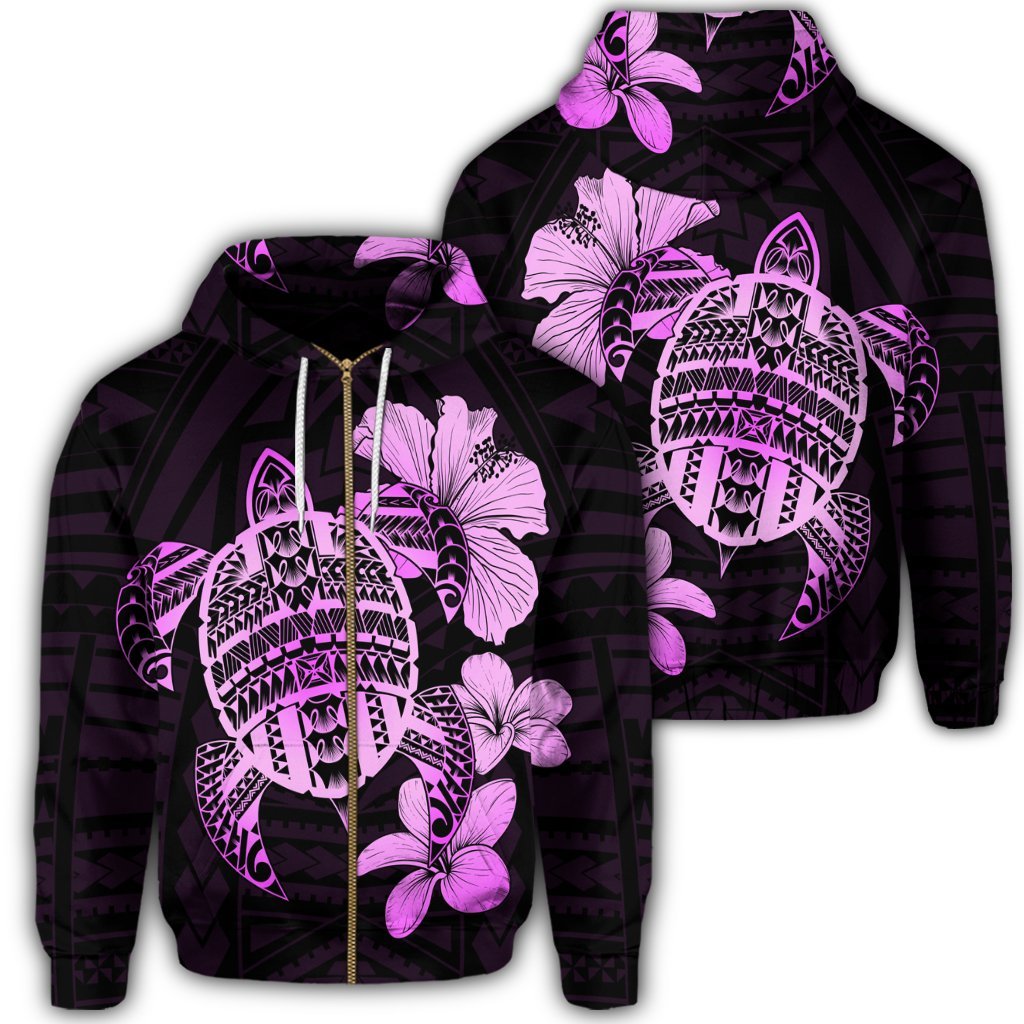 Hawaiian Kanaka Hibiscus Plumeria Mix Polynesian Turtle Zip Hoodie Pink Unisex Art - Polynesian Pride