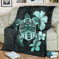 Hawaiian Kanaka Hibiscus Plumeria Mix Polynesian Turtle Premium Blankets - Turquoise - AH - Polynesian Pride