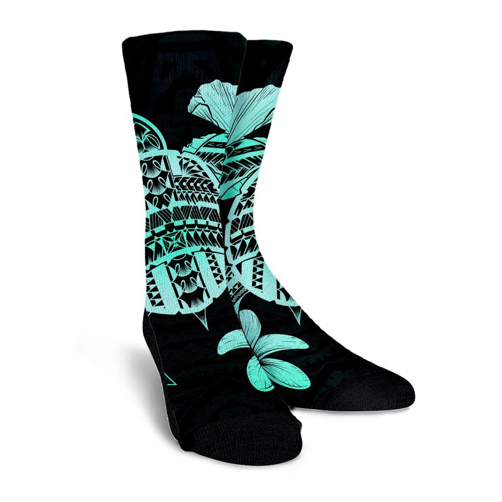 Hawaiian Kanaka Hibiscus Plumeria Mix Polynesian Turtle Crew Socks - Turquoise - AH - Polynesian Pride