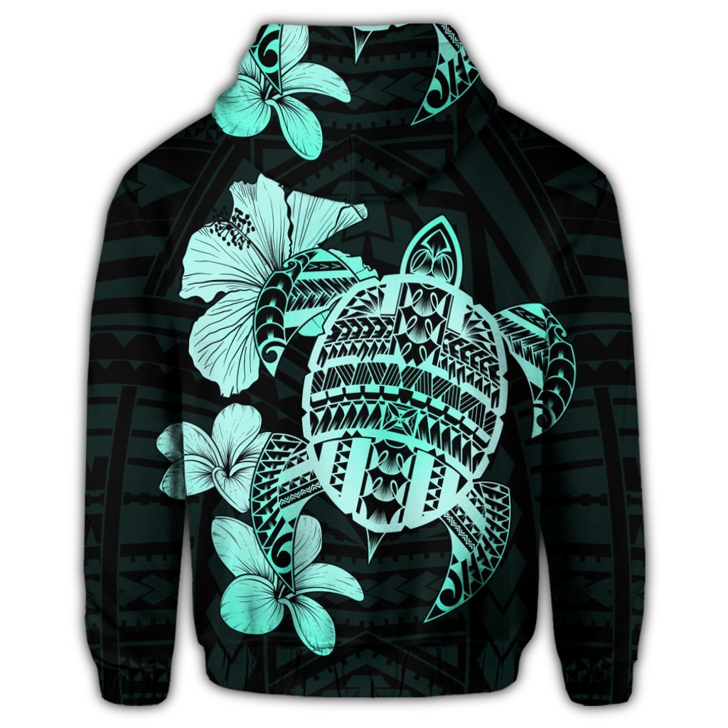 Hawaiian Kanaka Hibiscus Plumeria Mix Polynesian Turtle Zip Hoodie Turquoise - Polynesian Pride