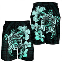 Hawaiian Kanaka Hibiscus Plumeria Mix Polynesian Turtle Men's Shorts - Turquoise - AH - Polynesian Pride