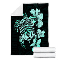 Hawaiian Kanaka Hibiscus Plumeria Mix Polynesian Turtle Premium Blankets - Turquoise - AH - Polynesian Pride