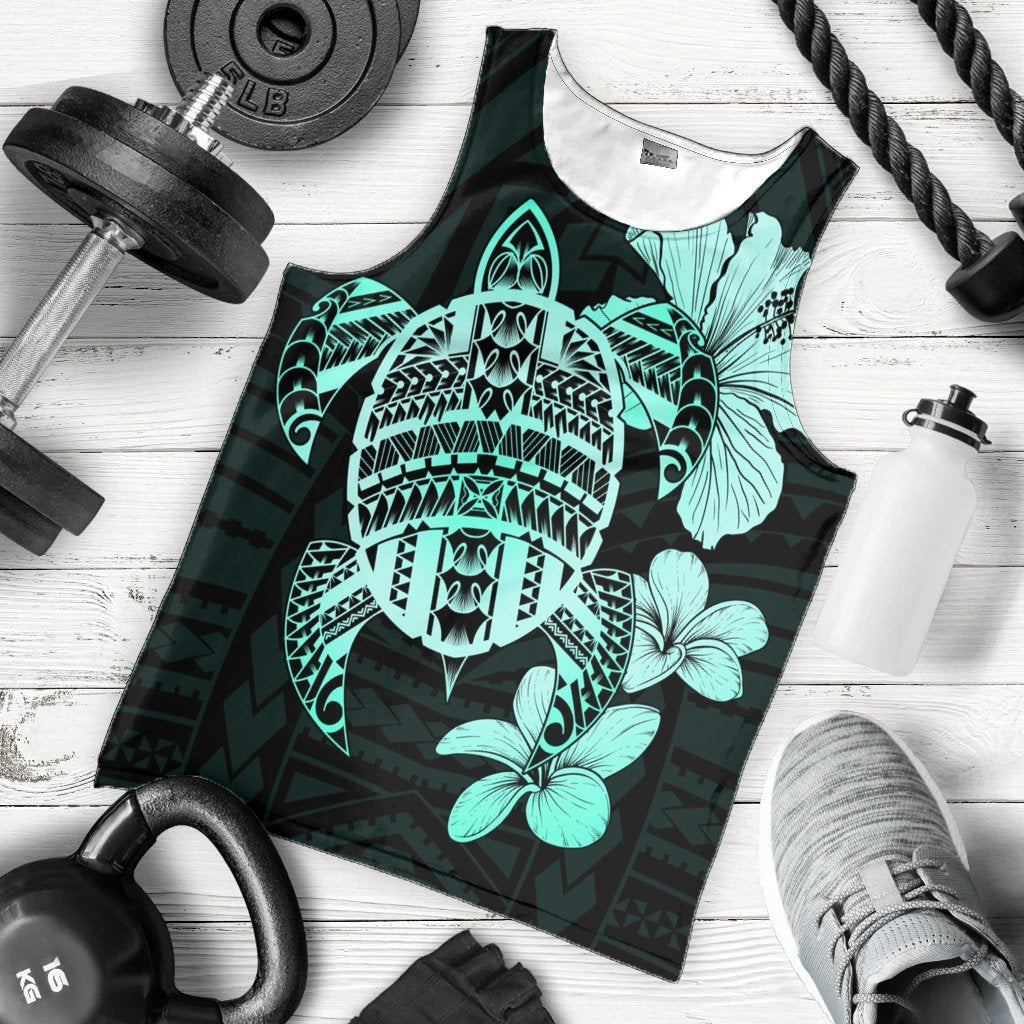 Hawaiian Kanaka Hibiscus Plumeria Mix Polynesian Turtle Tank Top - Turquoise - AH - Polynesian Pride
