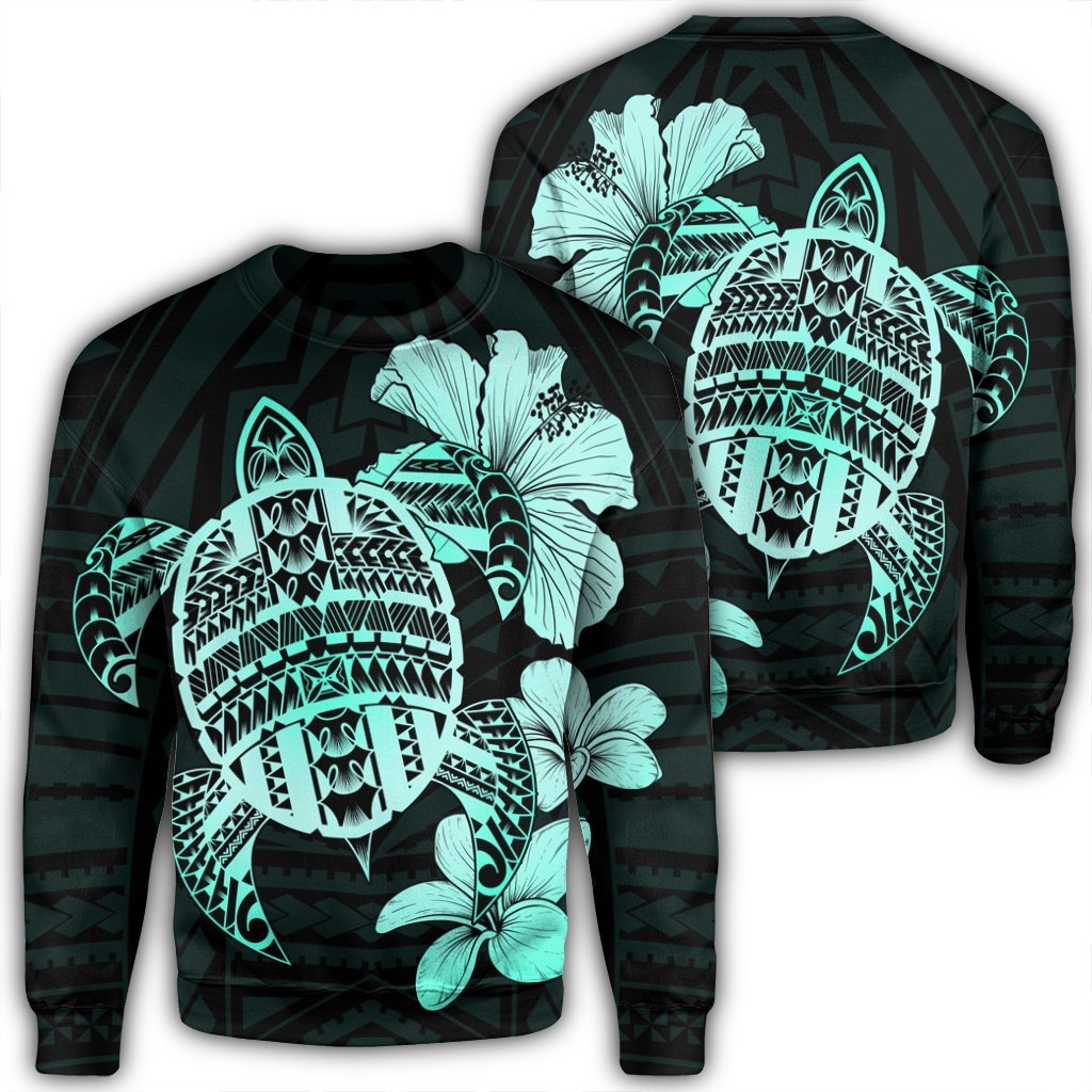 Hawaiian Kanaka Hibiscus Plumeria Mix Polynesian Turtle Sweatshirt - Turquoise - AH Unisex Black - Polynesian Pride