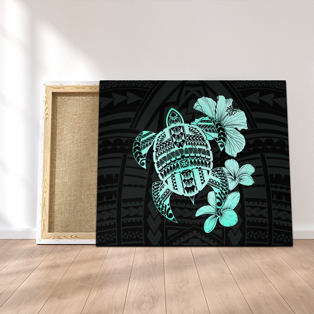 Hawaiian Kanaka Hibiscus Plumeria Mix Polynesian Turtle Canvas - Turquoise - AH Canvas Poly-cotton - Polynesian Pride