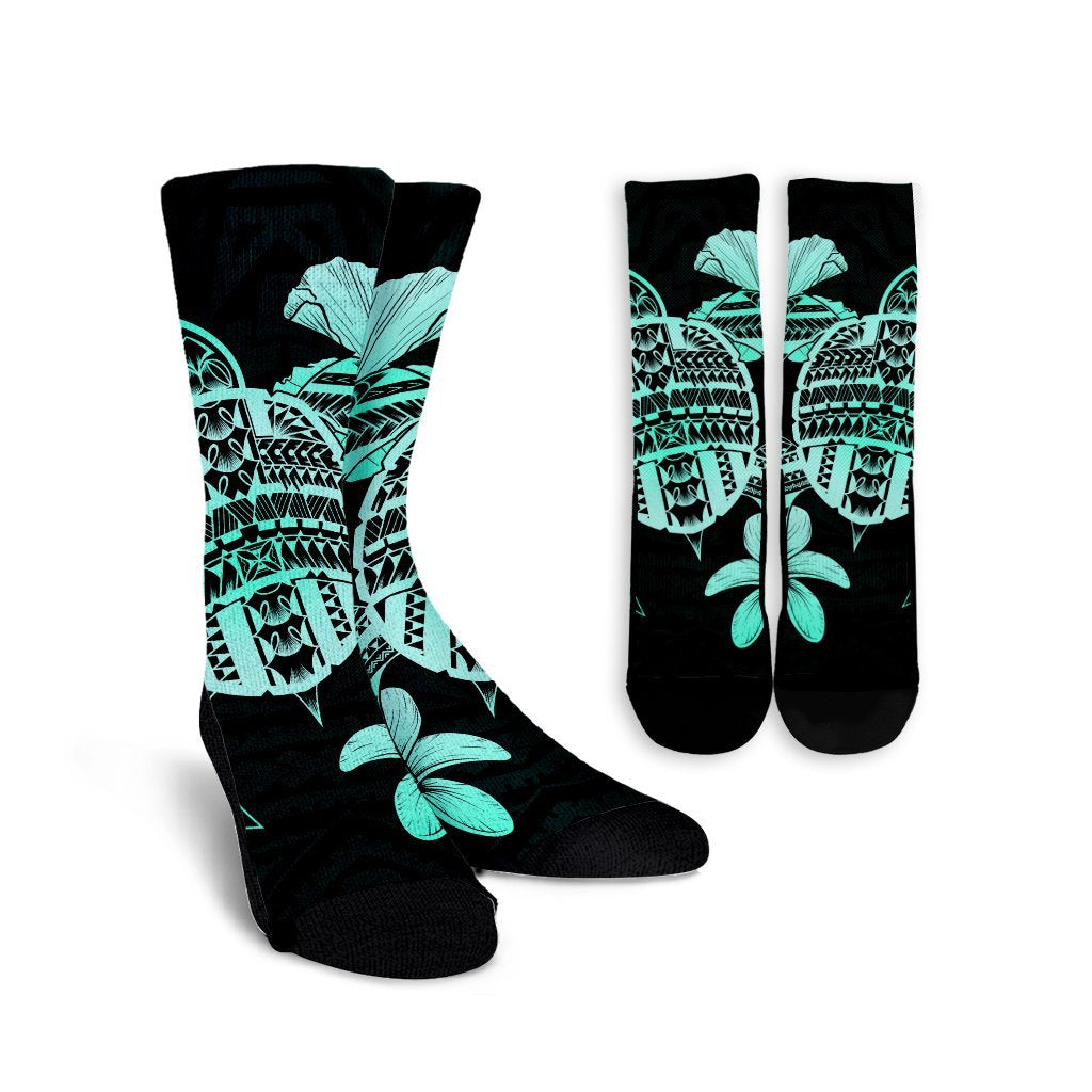 Hawaiian Kanaka Hibiscus Plumeria Mix Polynesian Turtle Crew Socks - Turquoise - AH Crew Socks White - Polynesian Pride
