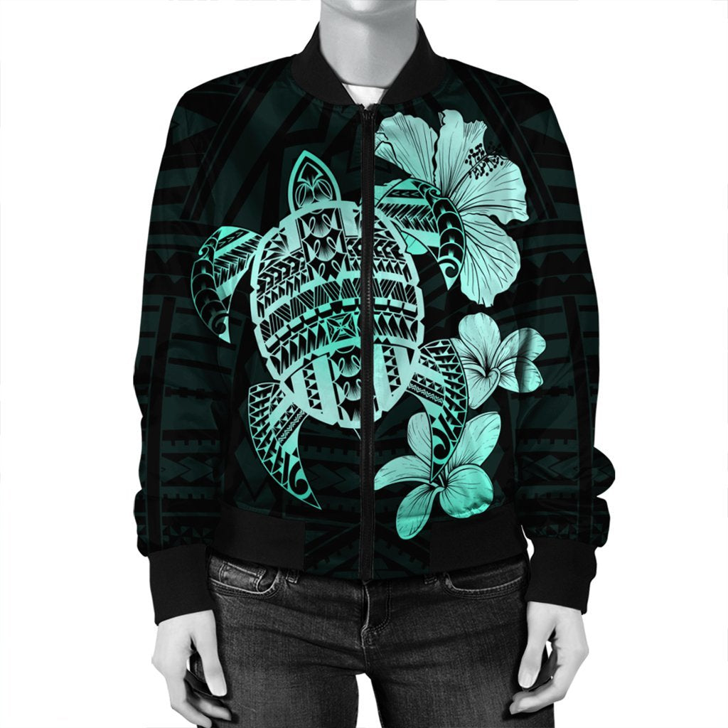 Hawaiian Kanaka Hibiscus Plumeria Mix Polynesian Turtle Bomber Jacket - Turquoise - AH - Polynesian Pride