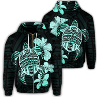 Hawaiian Kanaka Hibiscus Plumeria Mix Polynesian Turtle Zip Hoodie Turquoise Unisex Art - Polynesian Pride